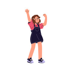 Obraz na płótnie Canvas Happy small girl raises her hand, waves in welcome gesture. First grader, student in sundress. Cute child greeting, kid rejoices. Back to school concept. Flat isolated vector illustration on white