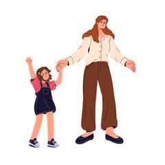 Mother and cute kid, child stand, hold hands. Happy small girl greeting, waves arm. Teacher with open spread welcome gesturing. Back to school concept. Flat isolated vector illustration on white