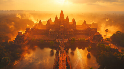 Aerial view of an incredible ancient temple in cambodia in the style of chmer architecture