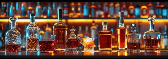 Variety of Whiskey Bottles and Glass on Bar Top.