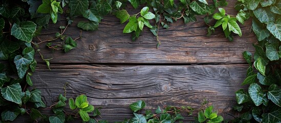 Lush Vine Leaves Adorn Rustic Wooden Board in Nature-inspired Display with Vine, Leaves, Wooden, Board - obrazy, fototapety, plakaty
