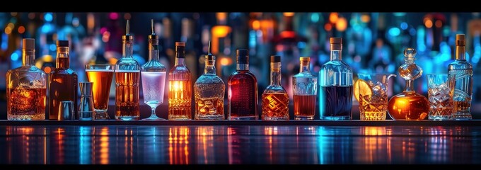 Premium Liquor Selection on Glossy Bar Surface  , Banner