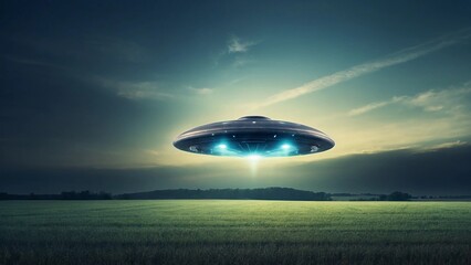 UFO, an alien plate hovering over the field, hovering motionless in the air. Unidentified flying object, alien invasion, extraterrestrial life, space travel, humanoid spaceship mixed medium