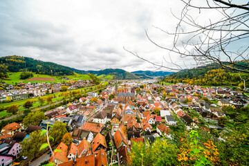 View of the town of Hausach from Husen Castle near Hausach. Landscape with a village in the Black Forest in the Kinzig valley.

