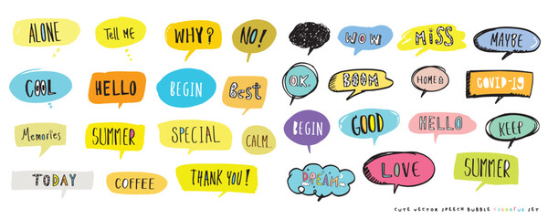 Cute vector speech bubble colorful set,Hand drawn set of speech bubbles with handwritten for book ,card, business, poster design. Vector illustration design for fashion fabrics, textile graphics