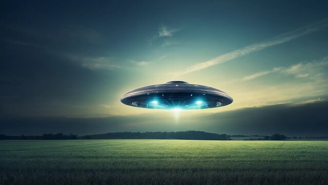 UFO, an alien plate hovering over the field, hovering motionless in the air. Unidentified flying object, alien invasion, extraterrestrial life, space travel, humanoid spaceship mixed medium