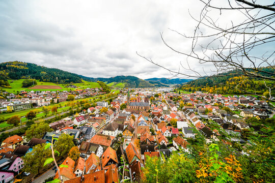 View of the town of Hausach from Husen Castle near Hausach. Landscape with a village in the Black Forest in the Kinzig valley.
