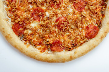 pizza with pepperoni sausage and crispy onion