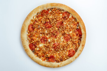 pizza with pepperoni sausage and crispy onion