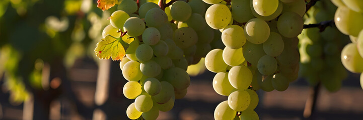 A bunch of white grapes between the grape leaves