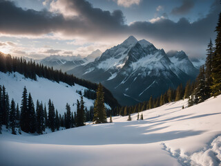 Fototapeta premium Winter morning serenity at Canada's Banff National Park: A breathtaking view of a frozen lake nestled amidst majestic mountains, adorned with snow-covered trees, reflecting the tranquil beauty of natu