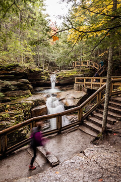 hiking trail and waterfall in White Mountains of New Hampshire