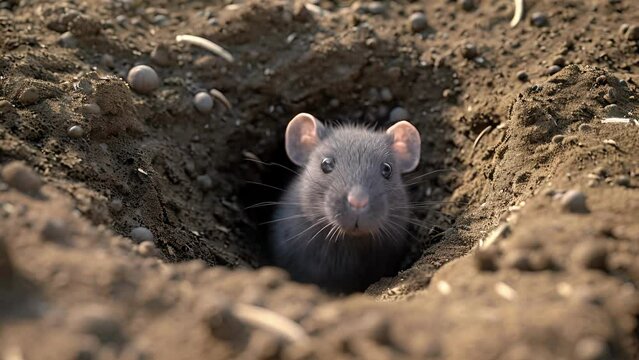 A furry mouselike mammal peeks out of its hole in the ground scanning for any signs of danger before retreating back into its burrow.