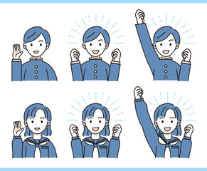 挨拶をする男女学生・喜ぶ男女学生　セット