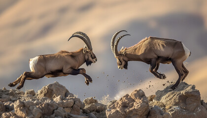 Two antelopes are engaged in a dynamic clash on rocky terrain, their horns locked in a show of strength and dominance as dust flies around them