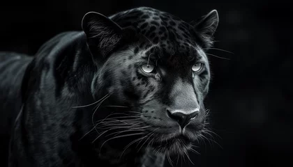 Tuinposter A close-up portrait of a black panther with an intense gaze, highlighting its piercing eyes and detailed fur, exuding a sense of power and mystery © Seasonal Wilderness