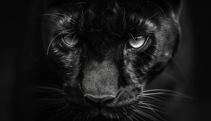 Deurstickers A close-up monochrome image of a black panther with intense eyes and fine whiskers, exuding a powerful and mysterious presence © Seasonal Wilderness