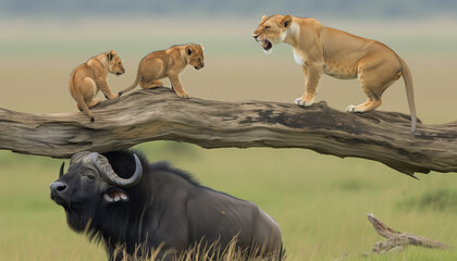A lioness roars a warning or instruction to her cubs as they play on a fallen log above a seemingly unconcerned buffalo in the grasslands of Africa