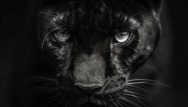 A close-up monochrome image of a black panther with intense eyes and fine whiskers, exuding a powerful and mysterious presence