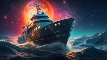 Fototapeta premium Trawler Ship Boat Ocean Sea Aurora Sky Magic Tide