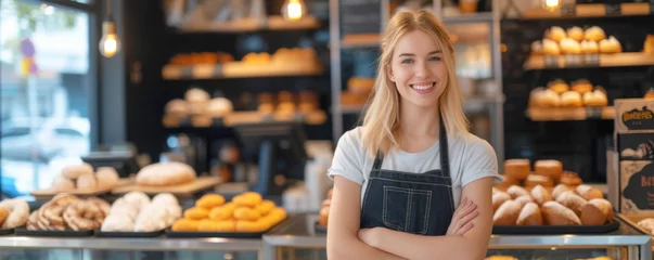 Tuinposter Startup small business owner female baker entrepreneur standing at the counter of bakery and coffee shop. SME entrepreneur seller business concept © chiew