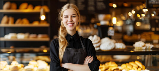 Startup small business owner female baker entrepreneur standing at the counter of bakery and coffee shop. SME entrepreneur seller business concept