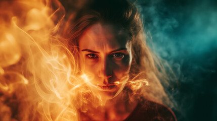 Intense woman with fire surrounding face.