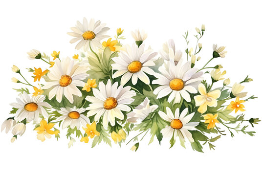 Watercolor Daisy Flowers Corner Border  Chamomile Bouquet, Wildflowers for Wedding Invitations and Greeting Cards