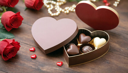 Elegant heart-shaped box of mixed assorted chocolates with chocolate, milk, caramel, bitter....