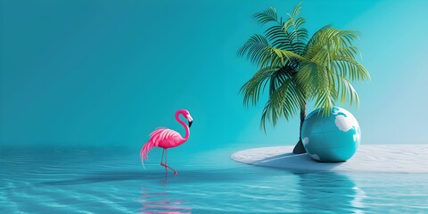 Pink Flamingo Stands in Surreal Tropical Beach