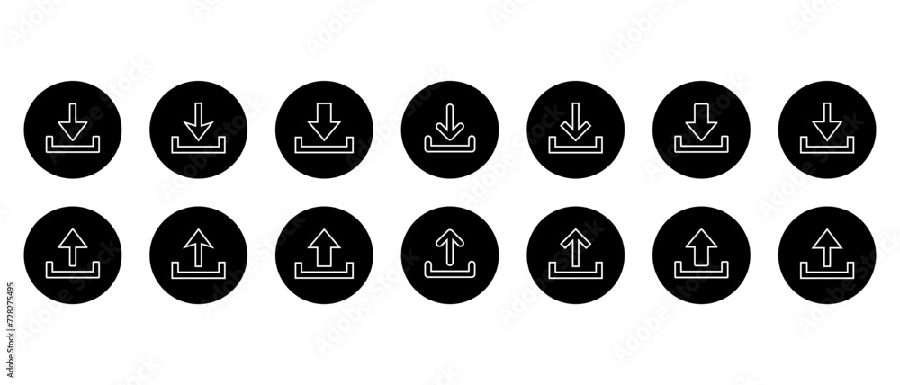 Poster set of download and upload line icon vector on black circle