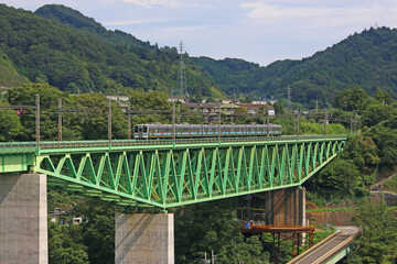 Fototapeta na wymiar 新桂川橋梁を走行する車両