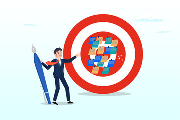 Businessman write down goal on notes and put on big dartboard target, goal setting, achievable target or purposeful objective, mission to accomplish or challenge to win for business success (Vector)