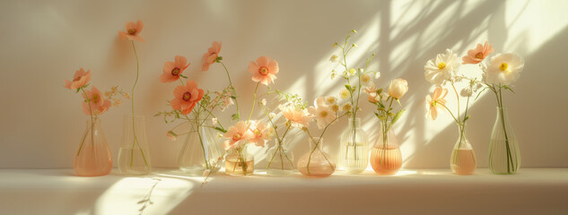 Tender different flowers in glass vases in the sunlight. A picture view of flowering plants in the shimmer of morning light.