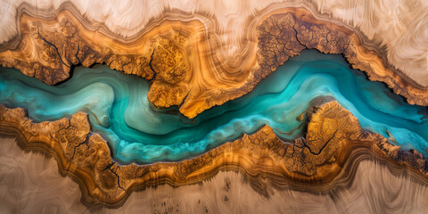 Old cracked wood with turquoise dark epoxy river.  Aerial view river sandy beach drone landscape. Water, nature wilderness in abstract wood texture. Top down river scenery - obrazy, fototapety, plakaty