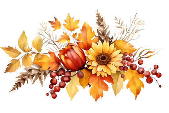 Fall Arrangement Watercolor Illustration  Autumn Leaves, Rowan Berries, Sunflower, Acorn, Maple Leaf