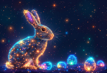 Fototapeta na wymiar Rabbit with Easter eggs in shining neon lights and stars. Sparkling hare with shiny particles and stellar cosmic dust among the shimmering highlights. Futuristic techno style. Generative AI