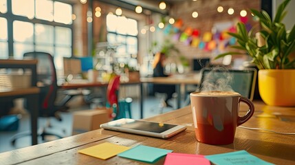 Fototapeta na wymiar Cup of Coffee on Busy Desk in Vibrant Office Space - Energizing Work Atmosphere