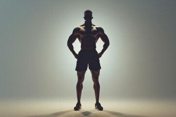 Silhouette of a muscular man standing confidently with hands on hips against a gradient background.
