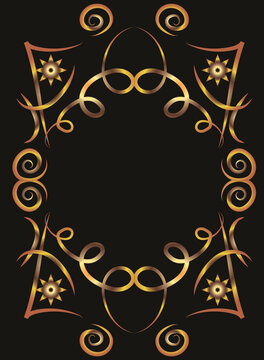 Illustration with ovals, flowers and swirls. Symmetrical ornament, applique, background with space for inscription. Fantasy. Gold gradient on a black background for printing on fabric, applique and ca
