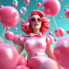 Woman with pink hair, sunglasses and dress in fictional bubblegum land generative ai