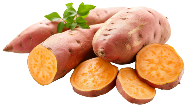 Sweet potato and slices on transparent background