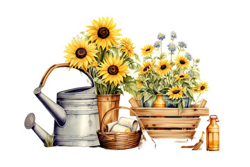Fototapeta premium Watercolor Sunflower Basket, Watering Can, Bumble Bee, Wooden Wheel, Pitcher Farmhouse Style Illustration for Vintage French Country Design