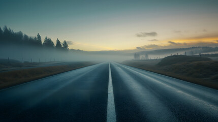 road in fog, sunset in the mountains, Mysterious Morning, road to the fog,  Generative AI 