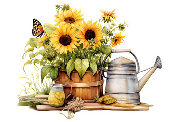 Watercolor Sunflower Basket, Watering Can, Bumble Bee, Wooden Wheel, Pitcher   Farmhouse Style Illustration for Vintage French Country Design