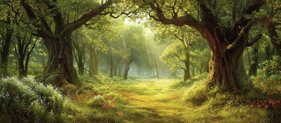 Enchanting Forest: A Middle of Summer Scene in a Lush Forest's Middle of Summer