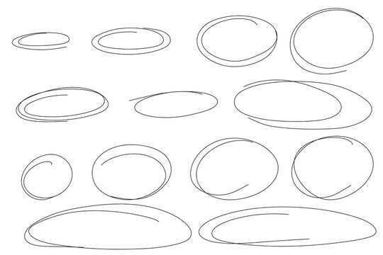 Highlight oval frames, hand drawn underlines. Hand drawn scribble doodle circle set. Ovals and ellipses line template. Stock vector illustration isolated on white background.