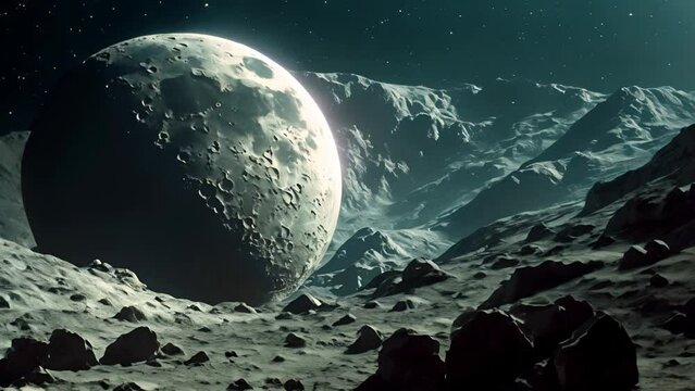 A majestic landscape with Earth floating above the lunar horizon
