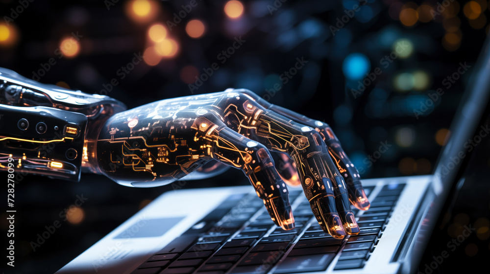 Poster cybernetic robotic hand interacting with a laptop keyboard, depicting advanced ai technology and aut