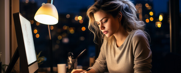 Focused woman working late at night in a home office setting, illuminated by the warm glow of a desk lamp, with a city's lights in the background - obrazy, fototapety, plakaty